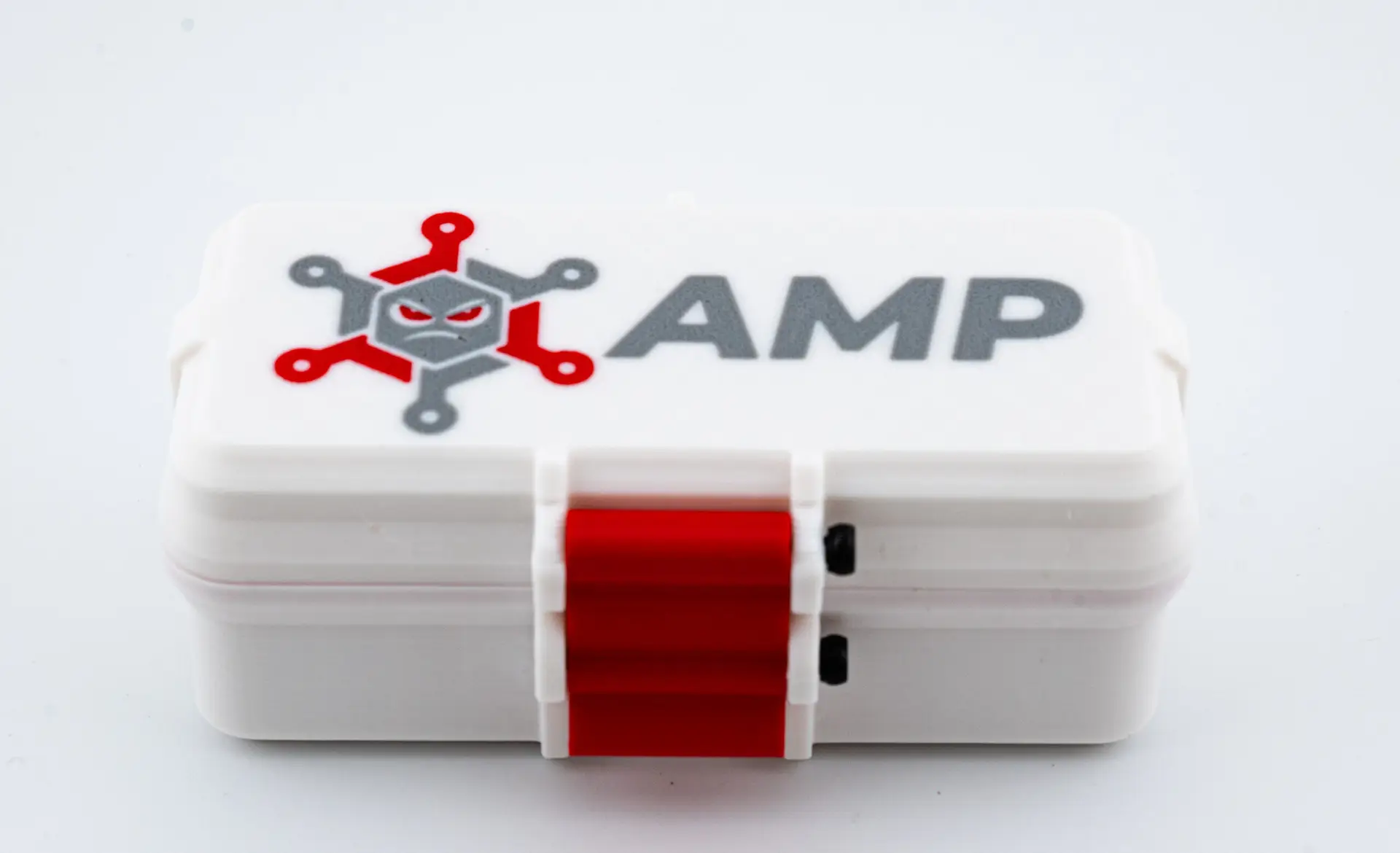 3D-printed AMP vial case with lid closed and logo on top