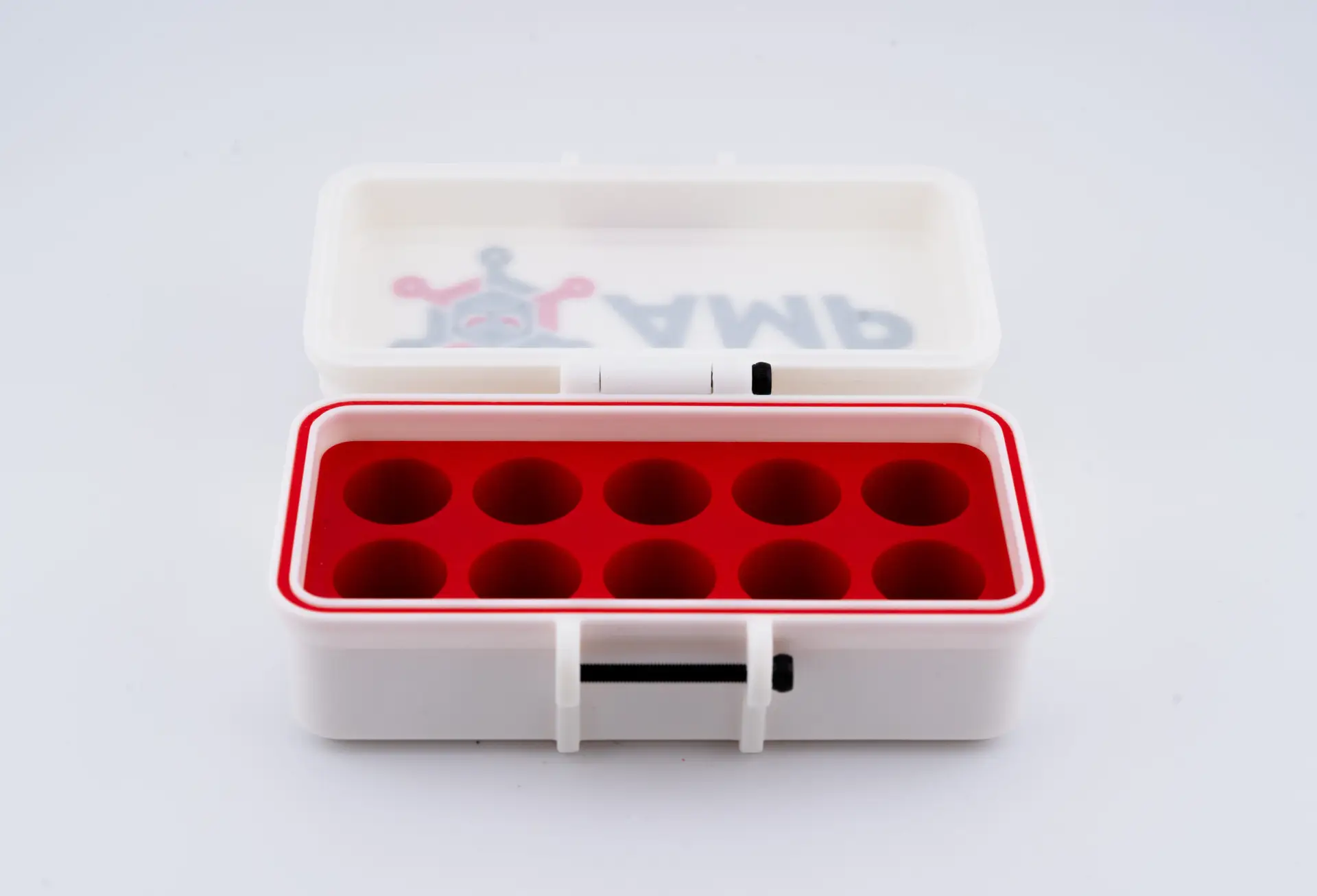 AMP vial case open view with 10 integrated slots